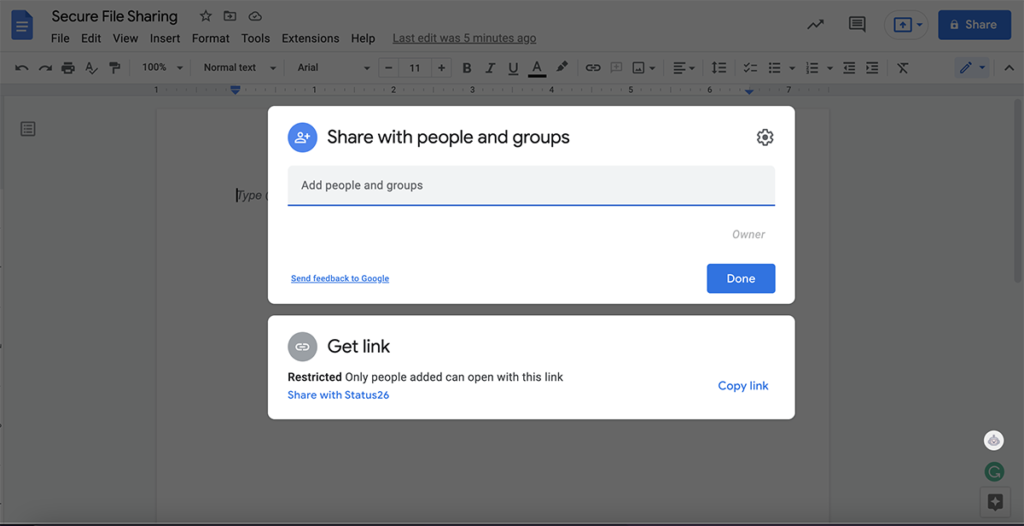A Google Doc file sharing window is open and the user is adding collaborators to the document. File security is very important when you work with a remote team.